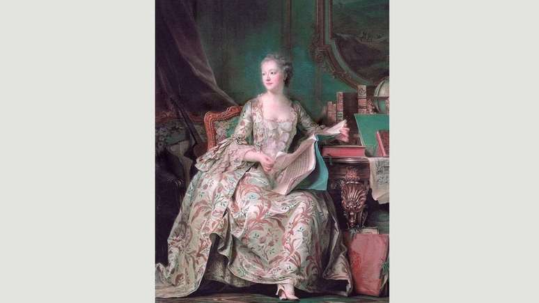 O retrato que Maurice Quentin de La Tour da Madame de Pompadour mostra a amante do rei Louis 15 em tons pastéis (Crédito: Wikimedia)
