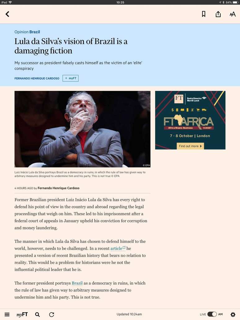 No artigo, ex-presidente FHC criticou a maneira como Lula tem se defendido