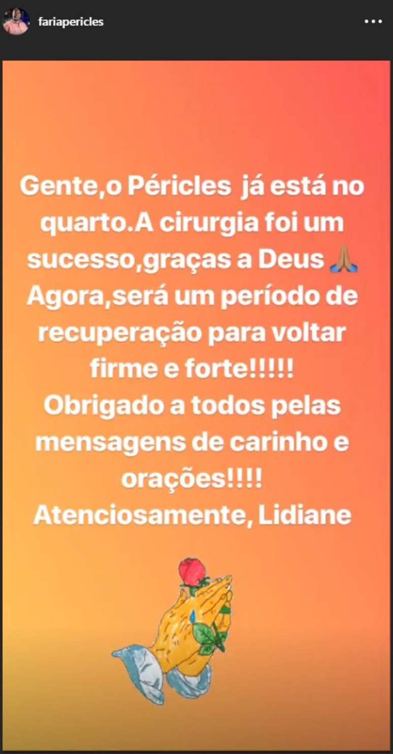 Recado publicado por Lidiane, mulher de P&eacute;ricles.