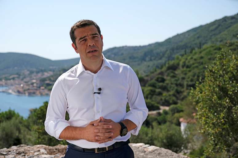 Premiê grego Tsipras faz pronunciamento na ilha de Ítaca 21/08/2018 Andrea Bonetti/Assessoria de Imprensa do Premiê Grego/Divulgação via Reuters