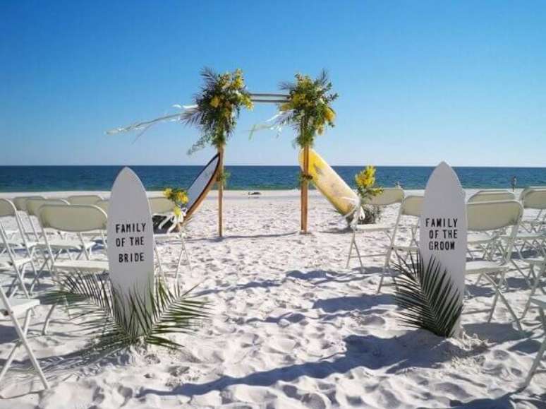 49- Duas palmeiras e pranchas formam o altar de casamento havaiano na praia. Fonte: A minha festinha