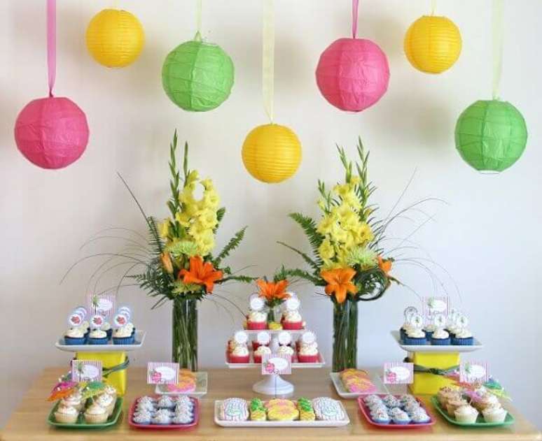 60- Mesa de doces simples inspirada na cultura havaiana. Fonte: Roofing brooklyn