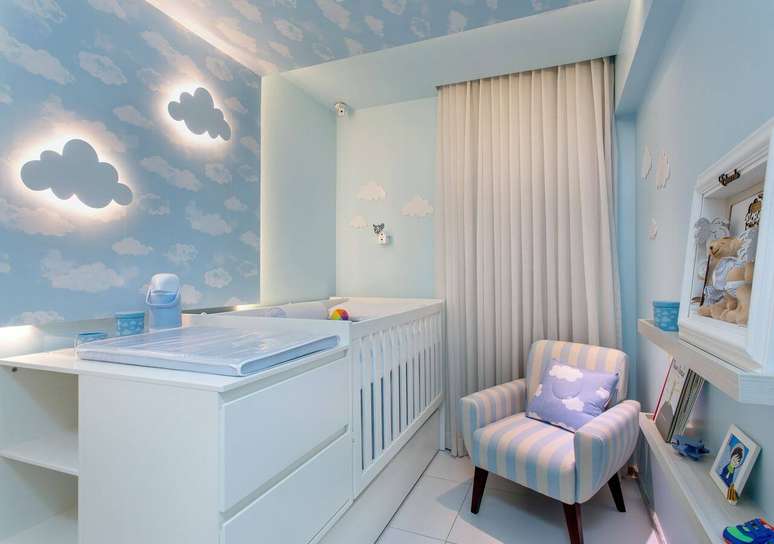 39. No projeto da Milla Holtz, a decoração de quarto de bebê é feita em tons de azul com decoração de nuvem