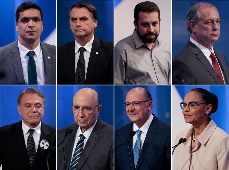 Candidatos à presidência que participaram dos dois primeiros debates, sem a presença do PT: Cabo Daciolo (Patriotas), Jair Bolsonaro (PSL), Guilherme Boulos (PSOL), Ciro Gomes (PDT), Alvaro Dias (Podemos), Henrique Meirelles (MDB), Geraldo Alckmin (PSDB) e Marina Silva (REDE)