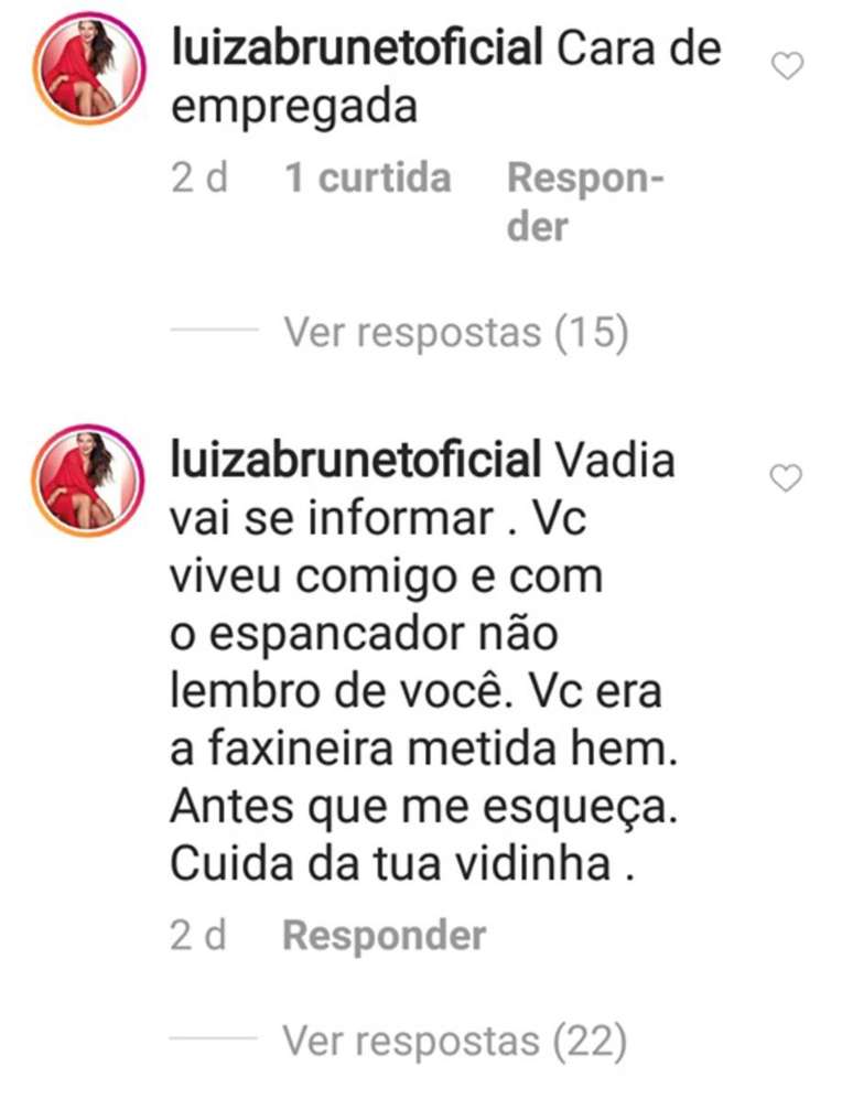 Coment&aacute;rios feitos por Luiza Brunet em postagens do Instagram de seguidora.