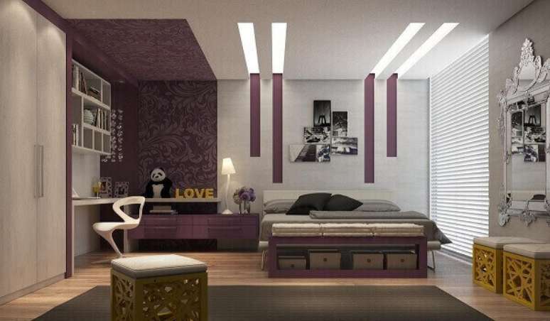 53- Modelos de quartos de casal têm papel de parede definindo área de home office. Projeto: Marel – Grupo Factory
