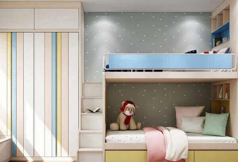 59- Modelos de quartos compartilhados têm beliche e cortina com as mesmas cores. Fonte: Pinterest