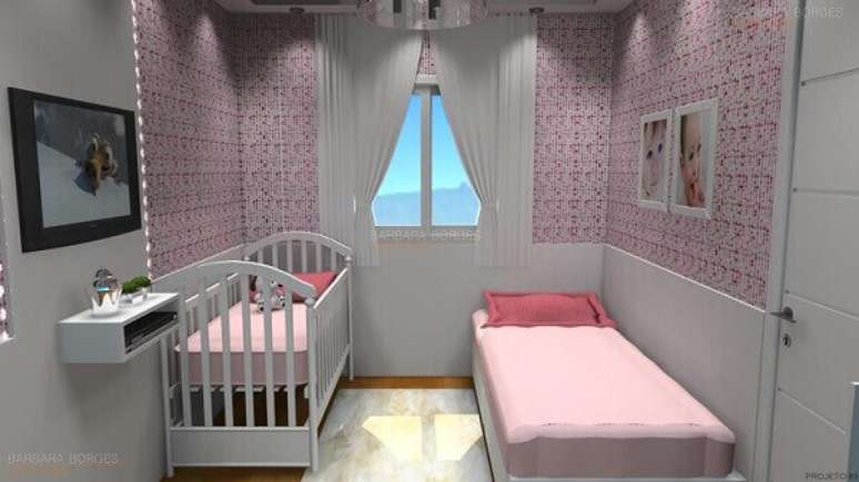 61- Modelos de quartos para bebês têm cama de apoio e a cor predominante no ambiente é o rosa. Fonte: Barbara Borges