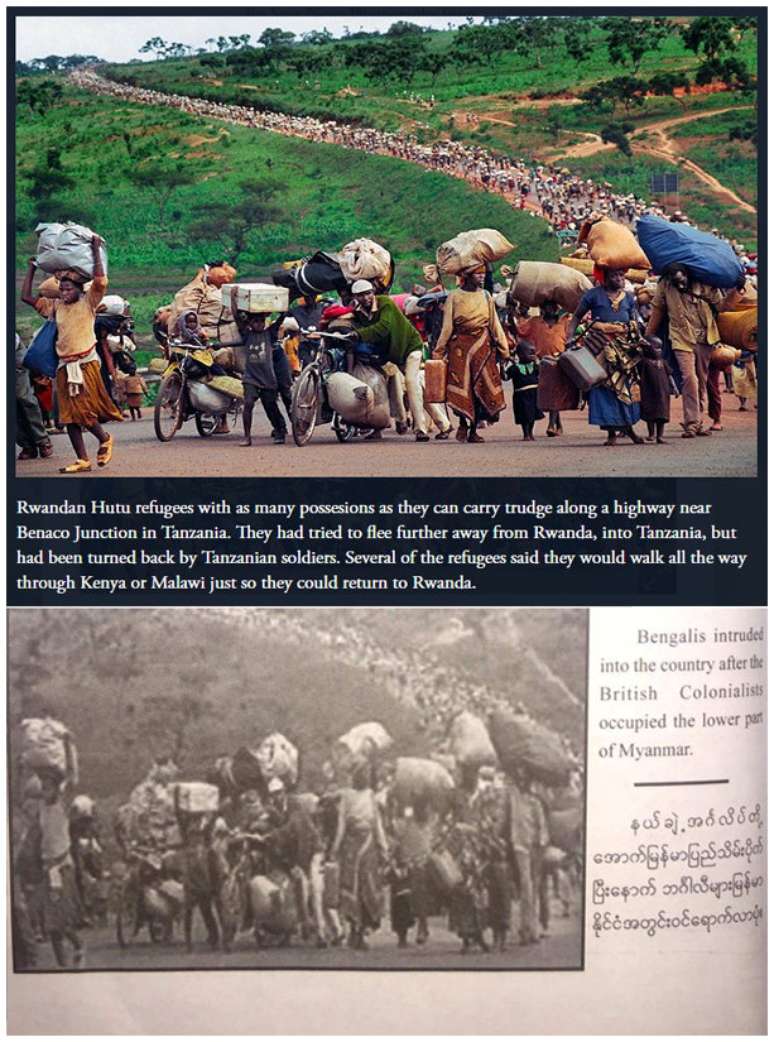 Combina&ccedil;&atilde;o de imagens mostra acima foto retirada do site do pr&ecirc;mio Pulitzer que mostra a imigra&ccedil;&agrave;o em Ruanda em 1996, e abaixo a mesma imagem, em preto e branco, publicada em livro do Ex&eacute;rcito de Mianmar sobre os rohingyas

Martha Rial/Pittsburgh Post-Gazette/The Pulitzer Prizes
Ex&eacute;rcito de Mianmar/via Reuters
