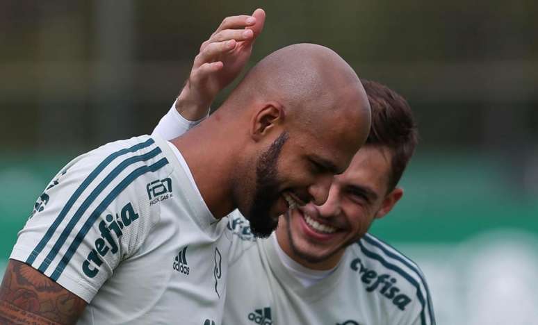 Felipe Melo e Hyoran: ambos treinaram normalmente na Academia de Futebol (Foto: Cesar Greco/Ag Palmeiras)