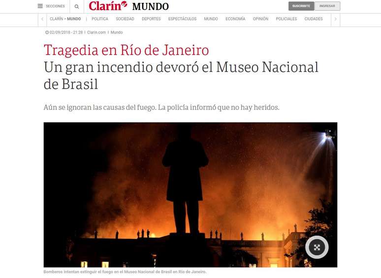 Clarín cita 'tragédia' em reportagem publicada no site