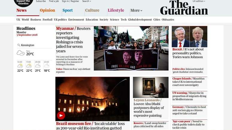 Capa do site do jornal britânico The Guardian destaca 'perda incalculável'