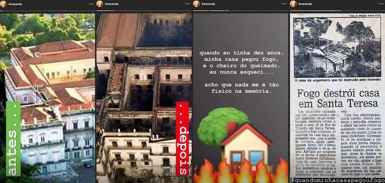 Stories publicados por Carolina Dieckmann relembrando incêndio em sua casa.