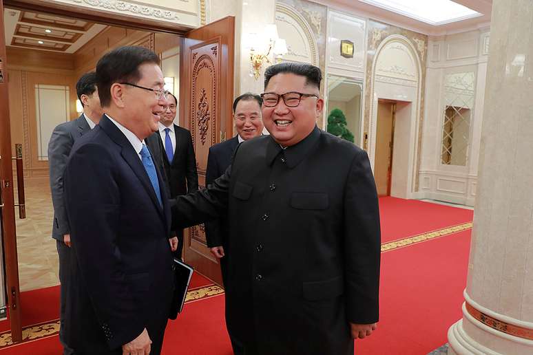 Chefe de seguran&ccedil;a nacional da Coreia do Sul, Chung Eui-yong, se encontra com l&iacute;der norte-coreano, Kim Jong Un, em Pyongyang 05/09/2018 Presid&ecirc;ncia sul-coreana/Divulga&ccedil;&atilde;o via Reuters