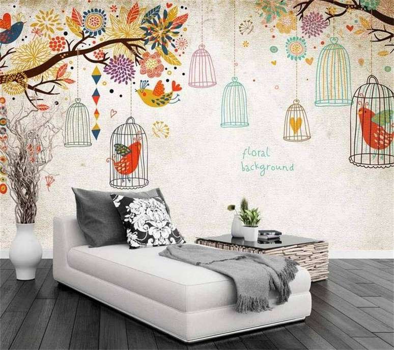 36. Decora&ccedil;&atilde;o para cantinho de leitura com adesivo de parede de gaiolas coloridas &ndash; Foto: AliExpress
