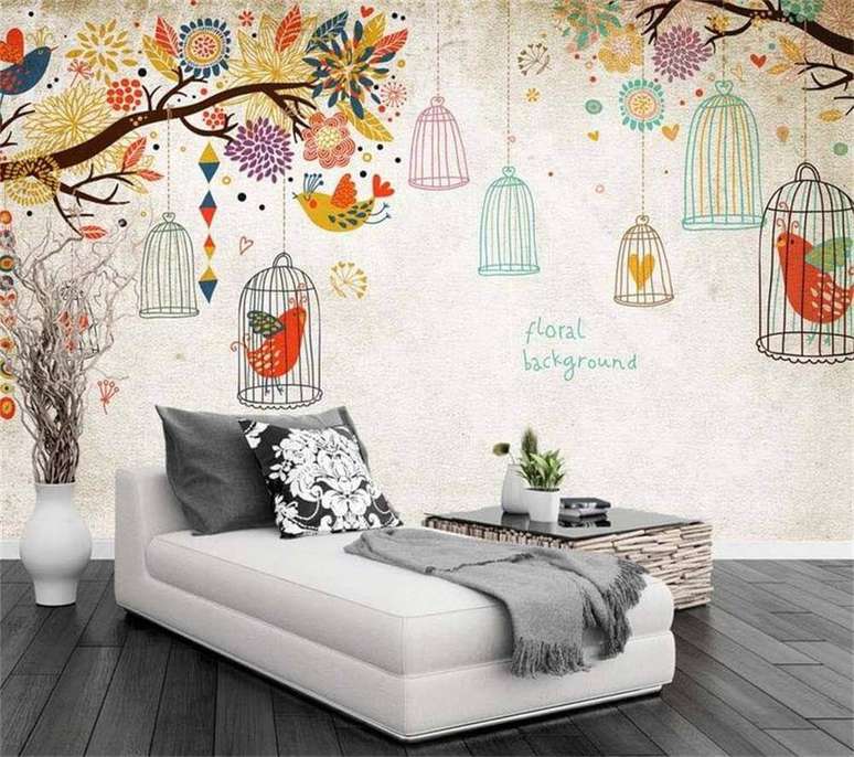 36. Decoração para cantinho de leitura com adesivo de parede de gaiolas coloridas – Foto: AliExpress