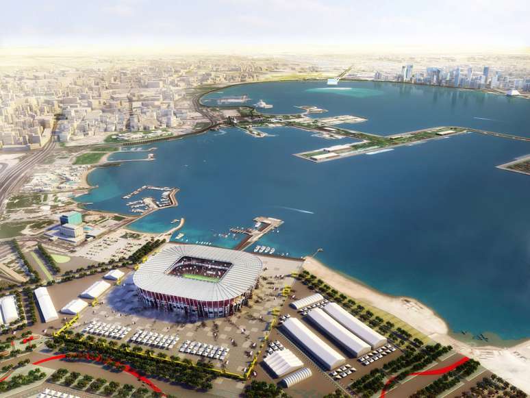 Imagem de computador mostra o Estádio Ras Abu Aboud, na capital Doha, uma das sedes da Copa de 2022