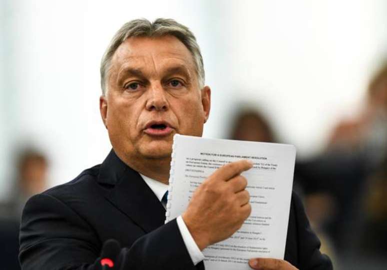 O primeiro-ministro da Hungria, Viktor Orbán, durante pronunciamento no Parlamento Europeu