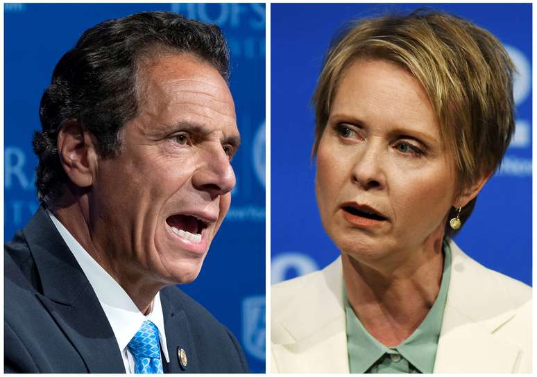 Governador Andrew Cuomo e atriz e ativista Cynthia Nixon, em combina&ccedil;&atilde;o de fotos 29/08/2019  REUTERS/Pool