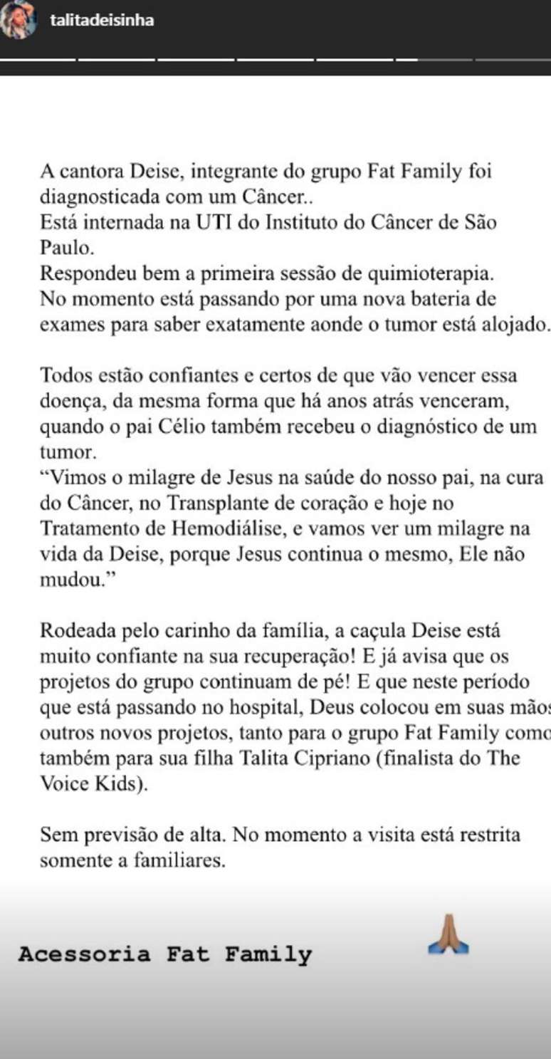 Comunicado publicado pelos familiares de Deise.