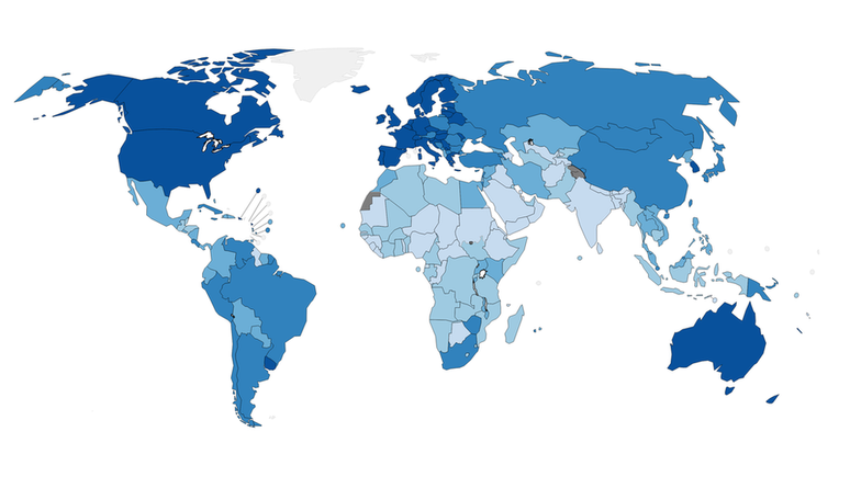 Mapa da Iarc mostra a incidência de câncer em cada país - quanto mais escuro o tom de azul, maior a incidência