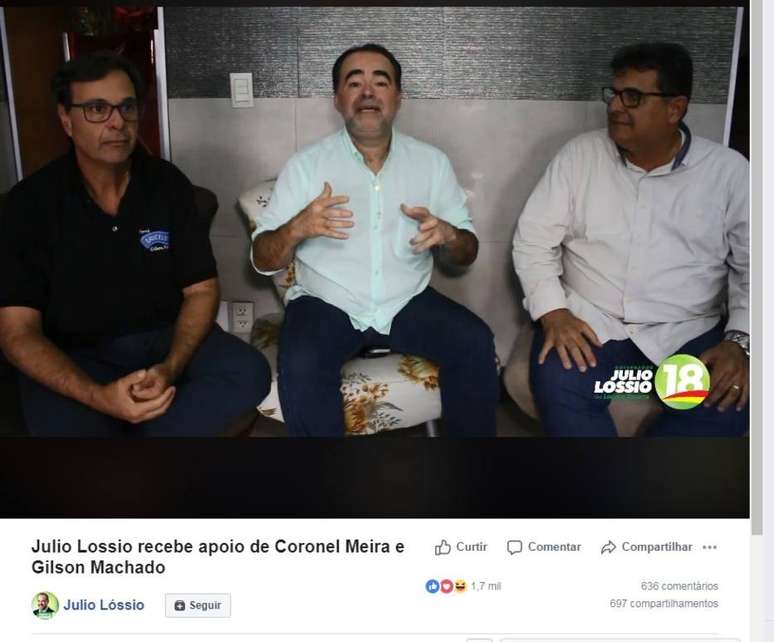 O candidato da Rede ao governo de Pernambuco, Julio Lóssio, registra em sua página no Facebook o apoio recebido por Coronel Meira e Gilson Machado