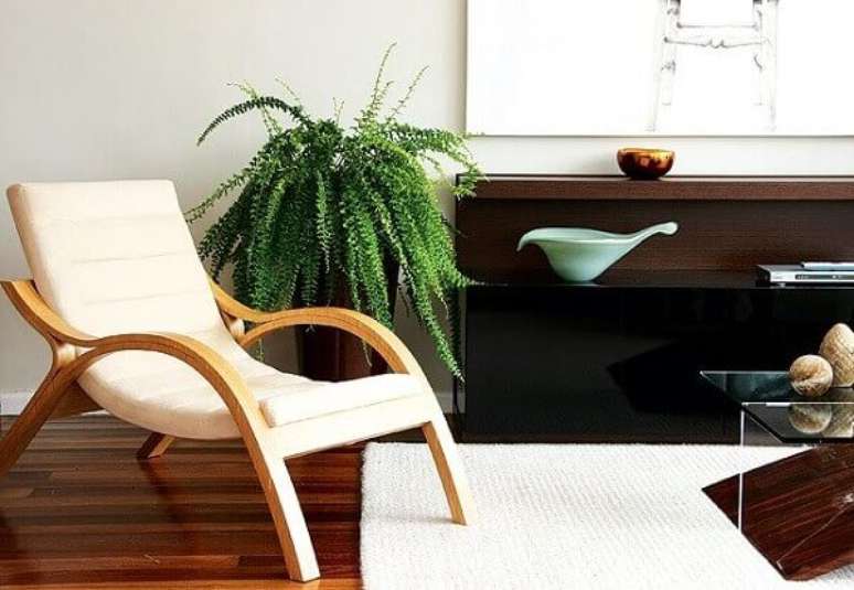 9- A samambaia complementa a decora&ccedil;&atilde;o no canto da sala. Fonte: Papo de Design