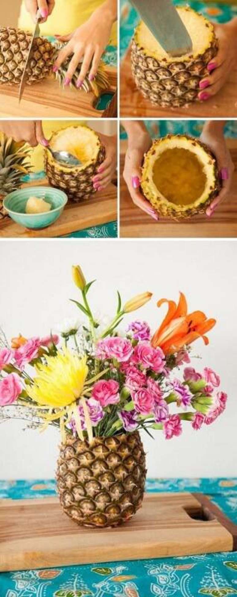 2. Tutorial fácil e criativo de centro de mesa com abacaxi e flores que pode ser uma linda decoração para festa