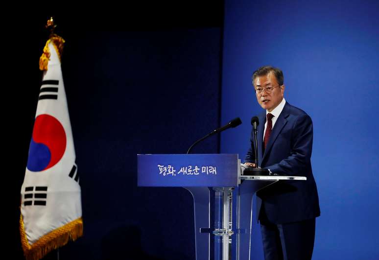Presidente da Coreia do Sul, Moon Jae-in, durante entrevista coletiva em Seul