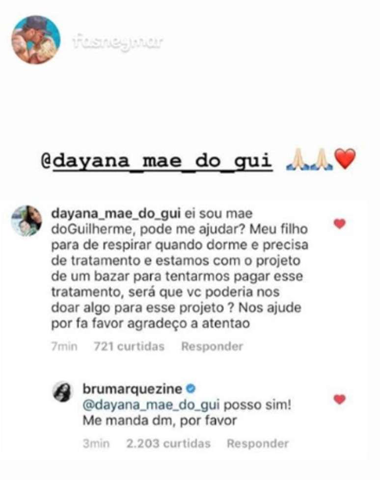 Dayana compartilhou em seus stories seu comentário e a resposta que obteve.