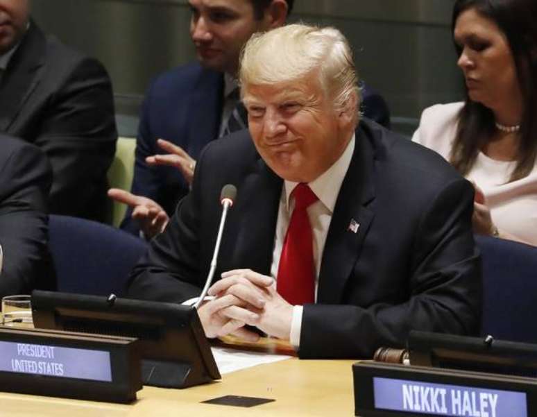 Donald Trump durante reunião nas Nações Unidas