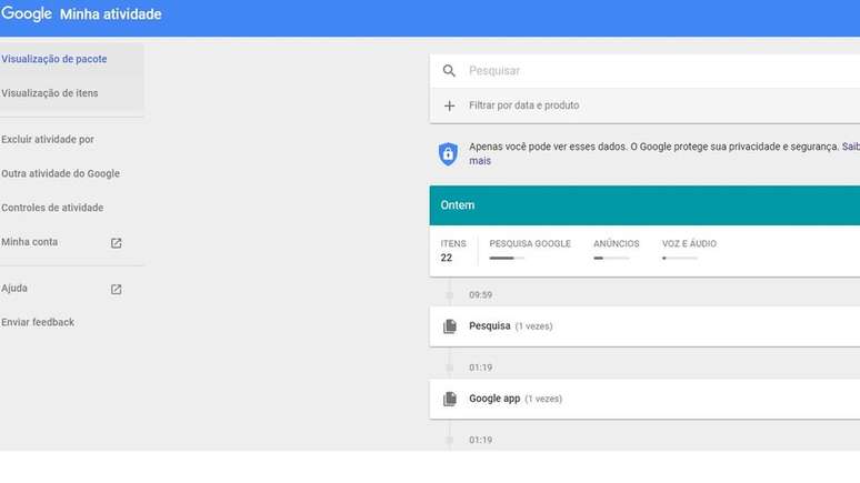 P&aacute;gina mostra informa&ccedil;&otilde;es que o Google mant&eacute;m sobre voc&ecirc;