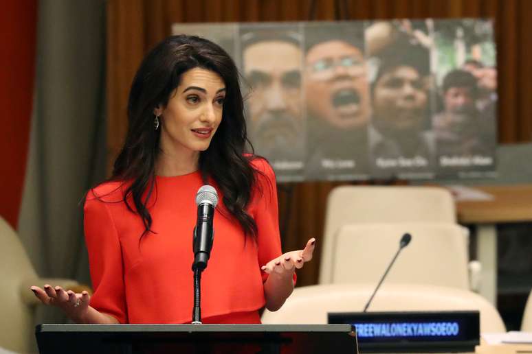 Amal Clooney fala durante sess&atilde;o da ONU em Nova York
 28/9/2018   REUTERS/Shannon Stapleton 