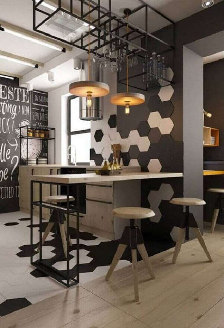 58- Revestimento preto e branco para cozinha decora com estilo o ambiente. Fonte: Pinterest