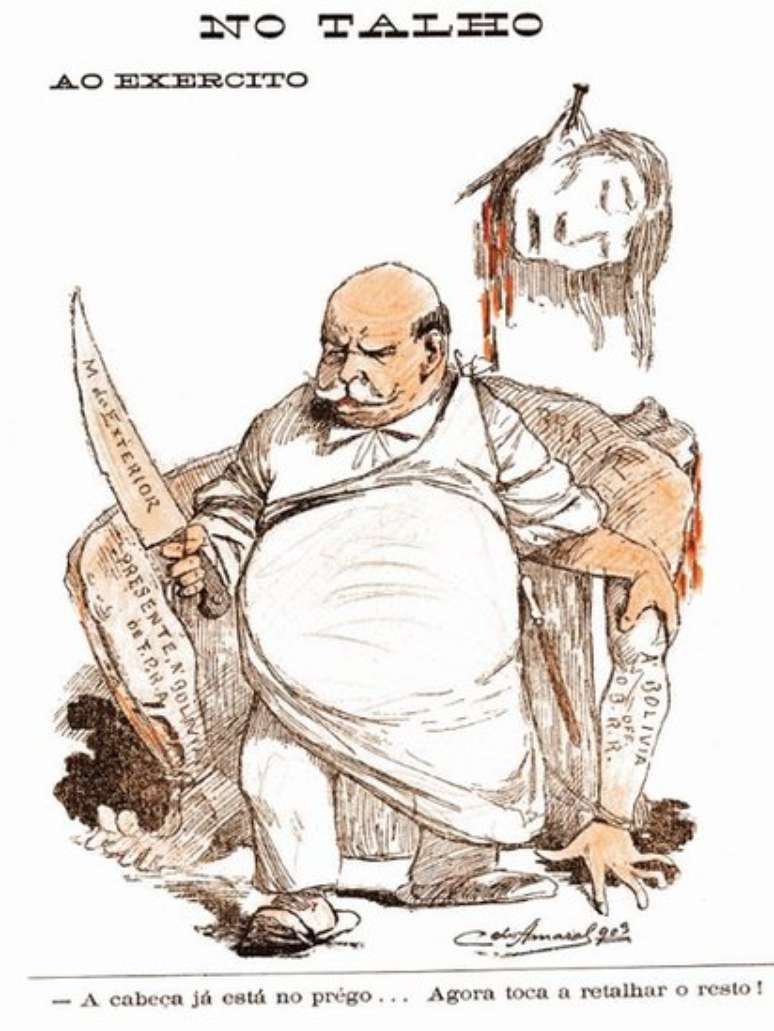 Na Quest&atilde;o do Acre, o bar&atilde;o ficou sob forte controv&eacute;rsia, algo que ficou evidente na imprensa | Fonte: No talho, de Crispim do Amaral, A Avenida, 31 out. 1903. Funda&ccedil;&atilde;o Alexandre de Gusm&atilde;o - chdd