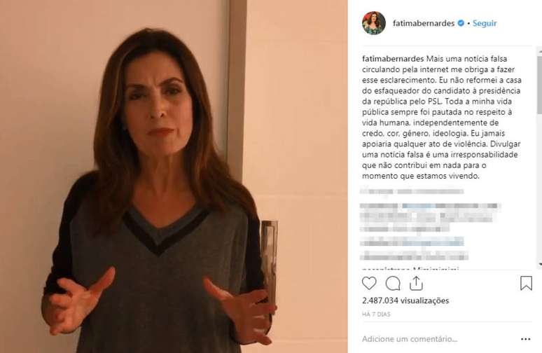 A apresentadora Fátima Bernardes teve de desmentir que pagou reforma de casa de agressor do presidenciável Jair Bolsonaro