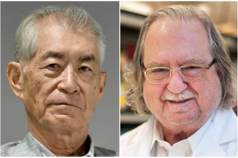 Japon&ecirc;s Tasuku&nbsp;Honjo e norte-americano James&nbsp;Allison, ganhadores do Pr&ecirc;mio Nobel de Medicina ou Fisiologia de 2018 Kyodo/MD Anderson Cancer Center at The University of Texas