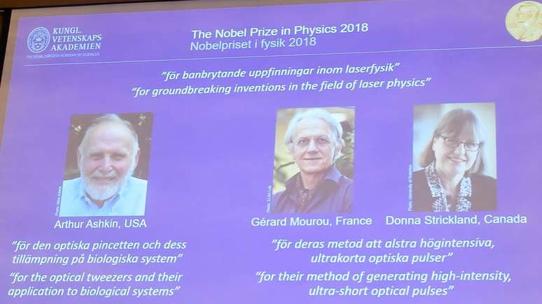 Slide da revelação dos ganhadores do Nobel de 2018. 'Por invenções revolucionárias na física de lasers', diz a legenda.