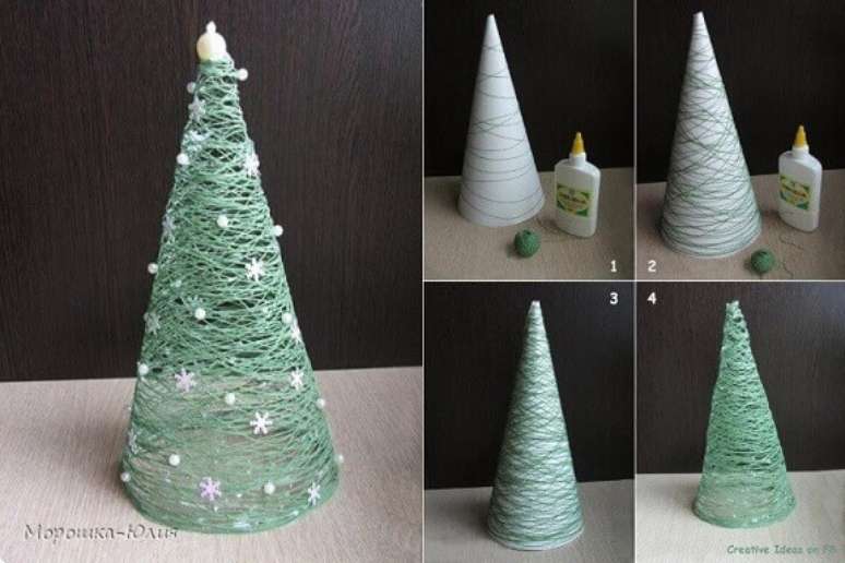 20. Para essa árvore de natal artesanal, você vai precisar de uma base de papel para fazer o formato cônico. Foto de Egy Veleg