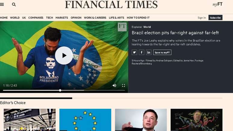 FT: Eleitores veem Bolsonaro como um outsider livre dos escândalos de corrupção que têm desacreditado a classe política brasileira