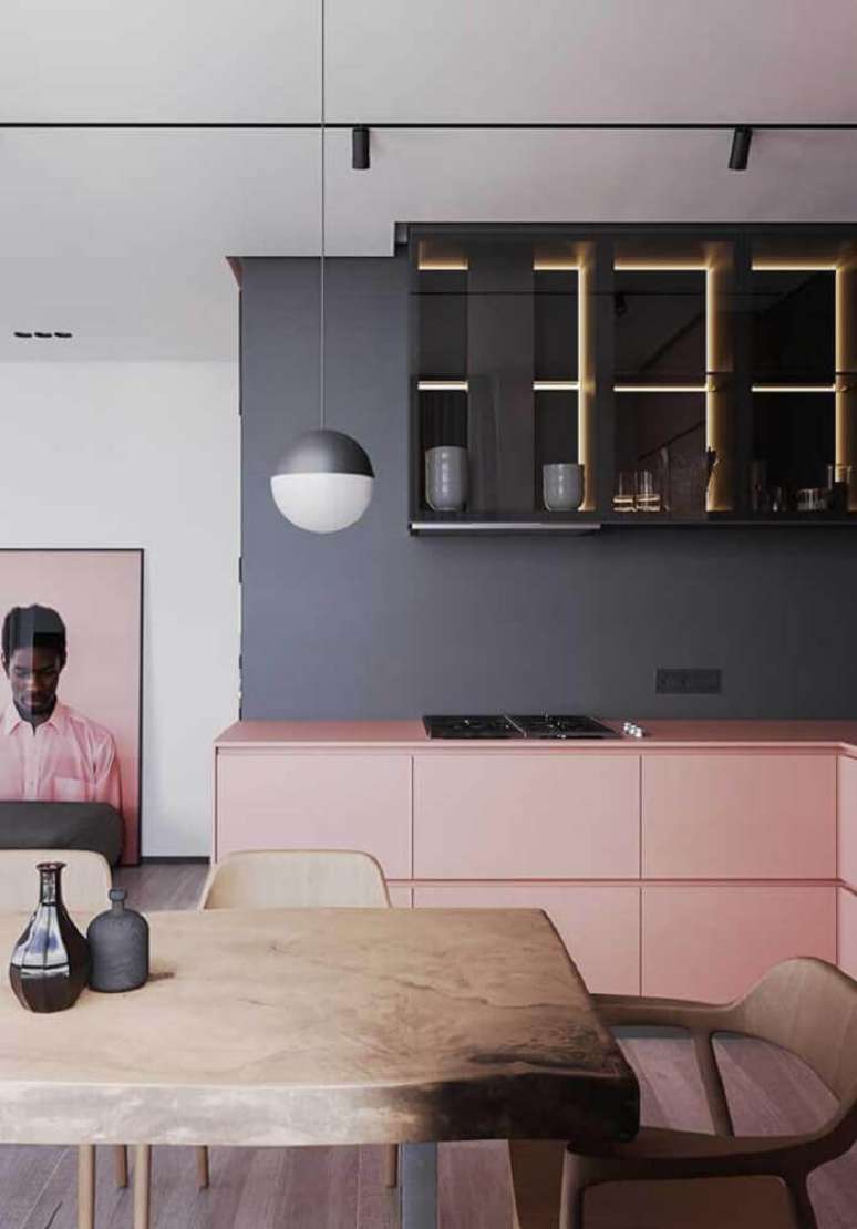 3. Decora&ccedil;&atilde;o para cozinha moderna nas cores rosa e cinza flanela &ndash; Foto: IdeiasDecor