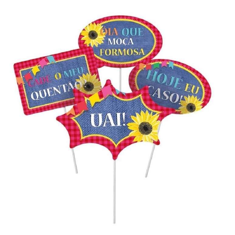 11. Modelo de plaquinha para festa junina super colorida e com frases divertidas &ndash; Foto: FestaBox