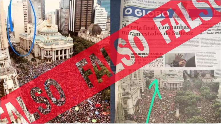 A capa do jornal O Globo é verdadeira; falsa é a versão de que a foto do jornal estava incorreta - quem circulou o lugar onde deveria haver um prédio estava incorreto em sua versão