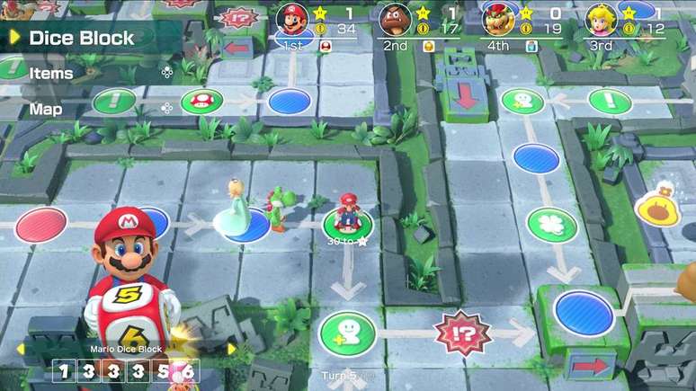 O Party Mode de 'Super Mario Party' traz de volta o tradicional tabuleiro onde até quatro jogadores brincam nos mini-games atrás de estrelas