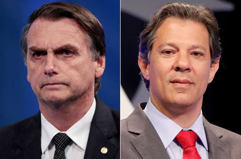 Montagem de fotos do candidato do PSL à Presidência, Jair Bolsonaro, e do candidato do PT, Fernando Haddad durante debate em São Paulo 26/09/2018  REUTERS/Paulo Whitaker/Nacho Doce