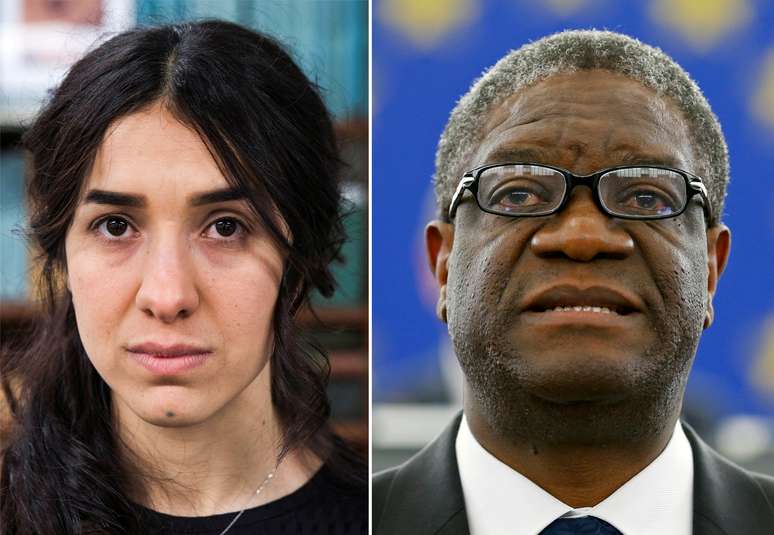 Nadia Murad (esquerda) e Denis Mukwege (direita), laureados pelo Nobel da Paz