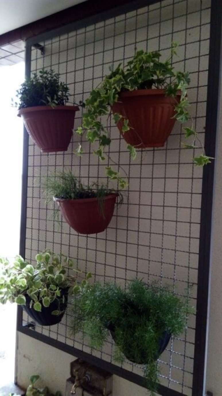 60. Treliça de ferro com plantas em vasos suspensos. Projeto de Casa Green Paisagismo