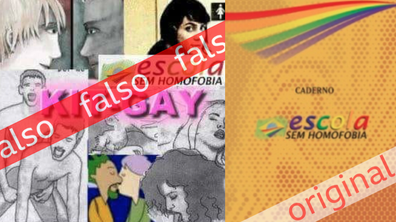 Capa falsa do 'kit gay' (à esq.) e capa real do projeto do Ministério da Educação para combater homofobia, que nunca chegou a ser aprovado ou distribuído (à dir.)