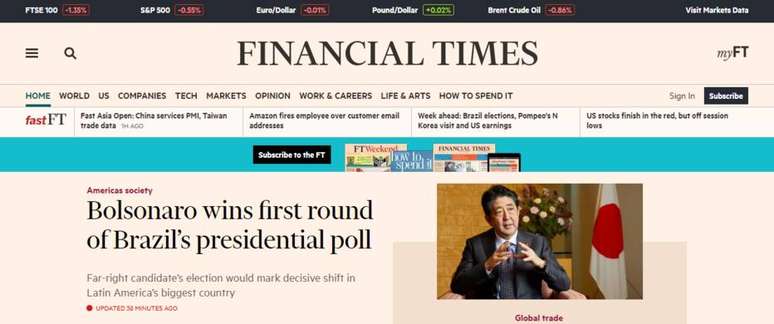 Jornal britânico Financial Times deu destaque em sua página inicial para a apuração das eleições presidenciais no Brasil. 
