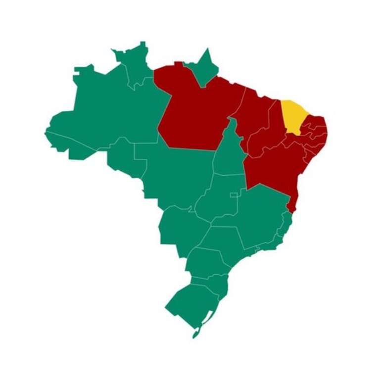 Mapa da apuração do primeiro turno, mostrando quem venceu em cada Estado: Bolsonaro em verde, Haddad em vermelho, Ciro em amarelo